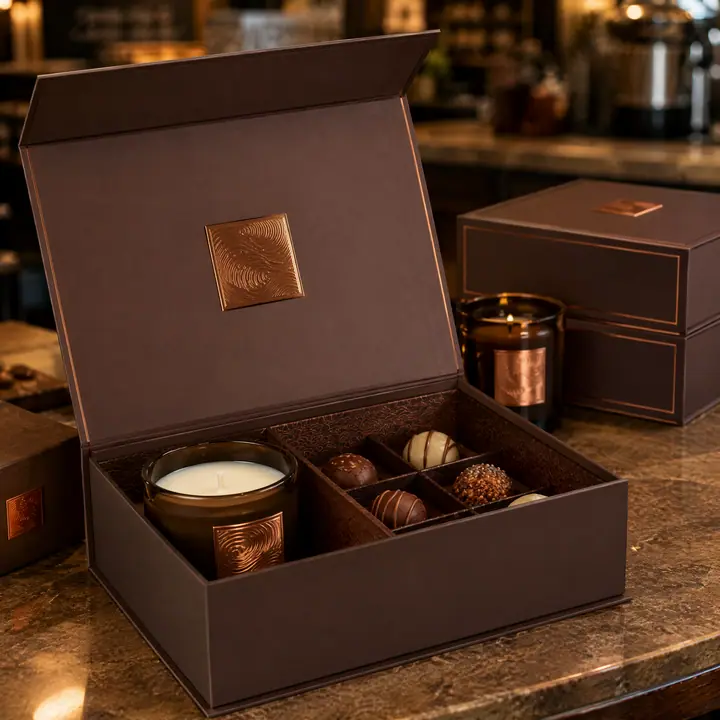 Mocha Gourmet Candle Box Embossed Matt Laminated Chocolate