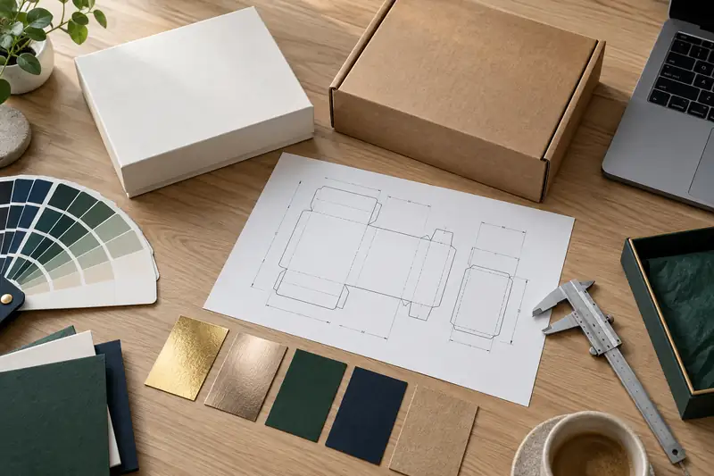 Box samples, dieline, swatches and calipers prepared for a quotation